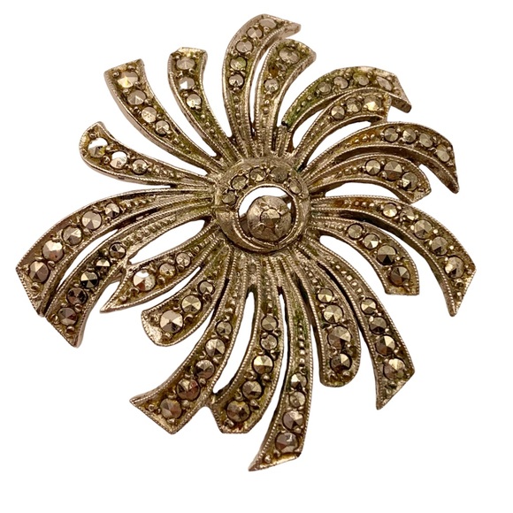 800 silver and marcasite vintage abstract swirled flower brooch pin - Picture 1 of 13